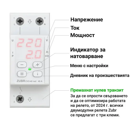РЕЛЕ ЗА СЛЕДЕНЕ, КОНТРОЛ И ЗА ЗАЩИТА ОТ НАПРЕЖЕНИЕ С ТЕРМОЗАЩИТА ZUBR CV2-40 RED